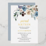 Boho Blue Flowers Getrocknete Blätter Sweet 16 Foi Folieneinladung<br><div class="desc">Die süße 16-Einladung mit den Blume Aquarell in Blau und Beige mit getrockneten Blätter.</div>