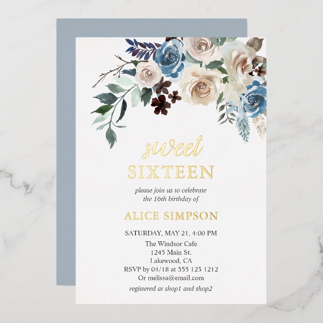 Boho Blue Flowers Getrocknete Blätter Sweet 16 Foi Folieneinladung (Vorderseite/Rückseite)