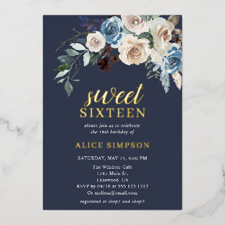 Boho Blue Flowers Getrocknete Blätter Sweet 16 Folieneinladung