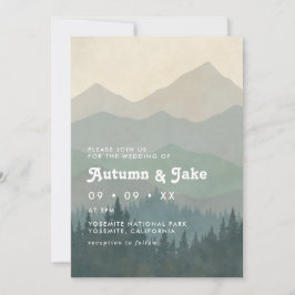 Boho Blue Forest Mountains Retro Wedding  Einladung