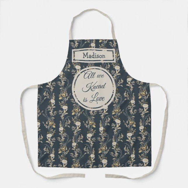 Boho Blue Gold Botanical Floral Schürze (Vorderseite)