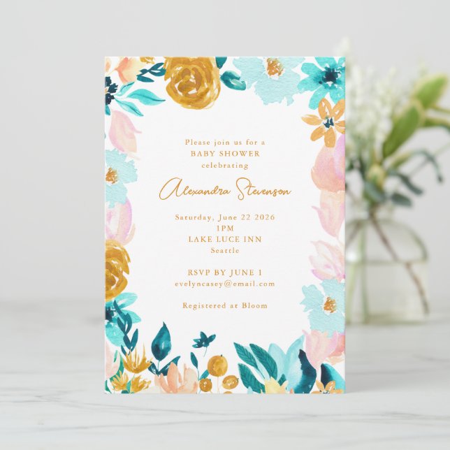 Boho Blue Gold Floral Frame Border Baby Dusche Einladung (Stehend Vorderseite)