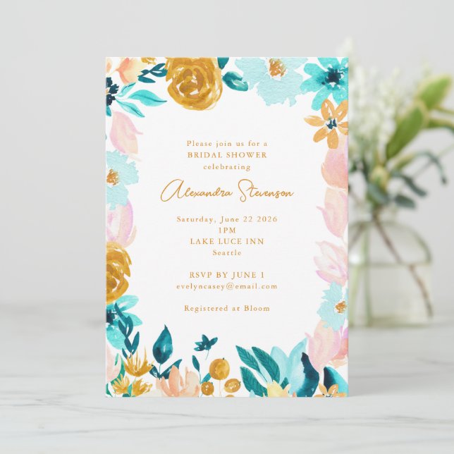 Boho Blue Gold Floral Frame Border Brautparty Einladung (Stehend Vorderseite)