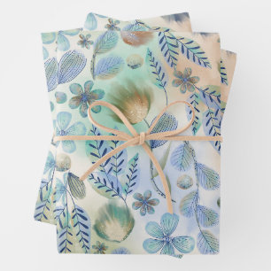 Boho Blue Green Whimsical Floral Botanical Geschenkpapier Set