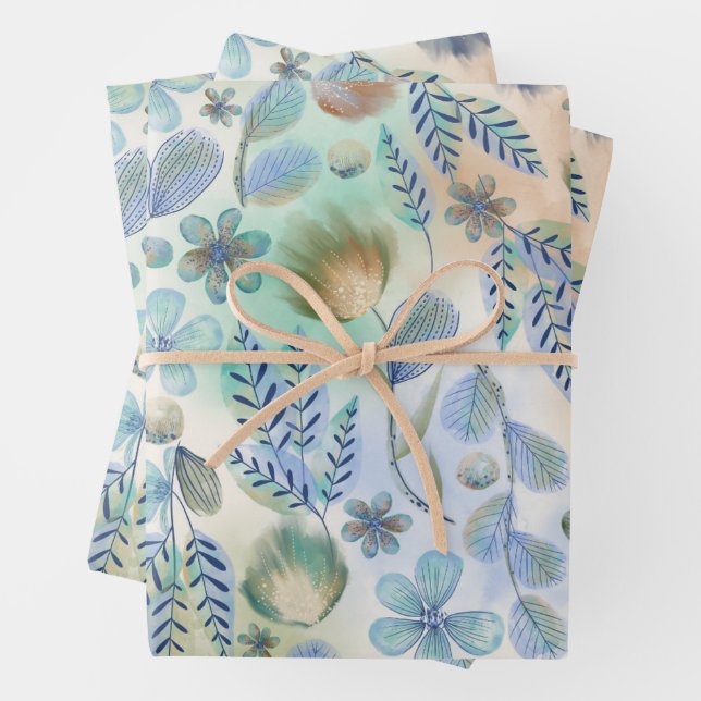 Boho Blue Green Whimsical Floral Botanical Geschenkpapier Set (Beispiel)