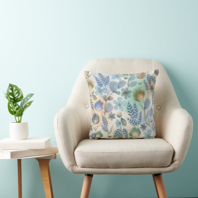 Boho Blue Green Whimsical Floral Botanical Kissen (Stuhl )