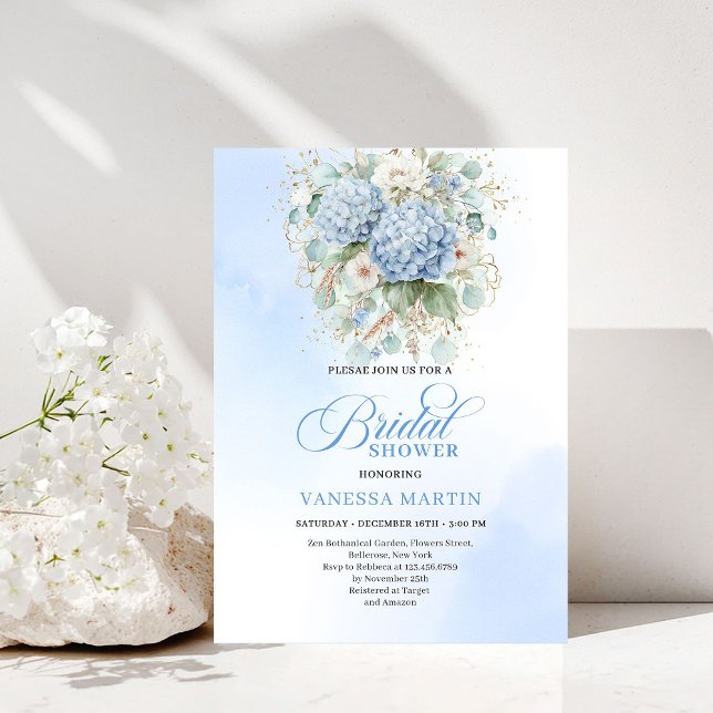 Boho Blue Hydrangea Bridal Shower Gold Invitation (Boho Blue Hydrangea Bridal Shower Gold Invitation)