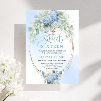 Boho Blue Hydrangea Gold Sweet Sixteen Invitation Einladung
