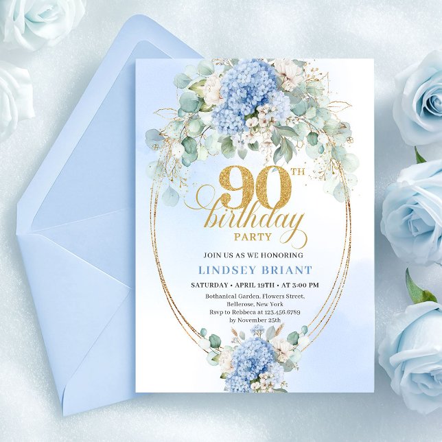 Boho Blue Hydrangea Greenery 90th Birthday Invite Einladung (Boho Blue Hydrangea Greenery 90th Birthday Invite)