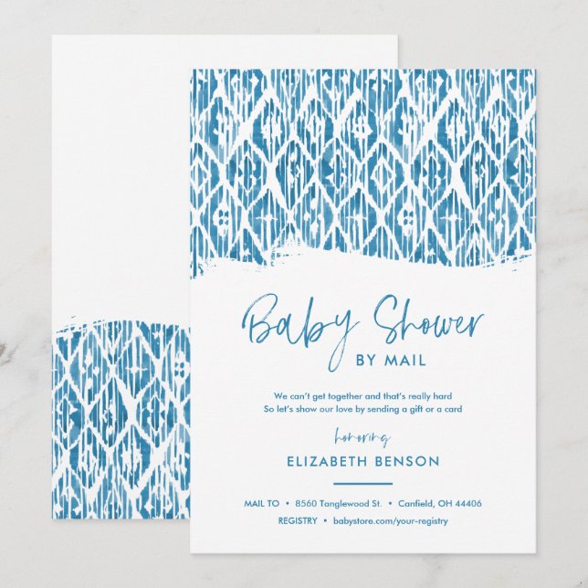 Boho Blue Ikat Baby Shower by Mail Einladung (Vorne/Hinten)