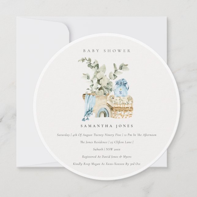 Boho Blue Kinderzimmer Foliage Boy Baby Showeinlad Dankeskarte (Vorderseite)