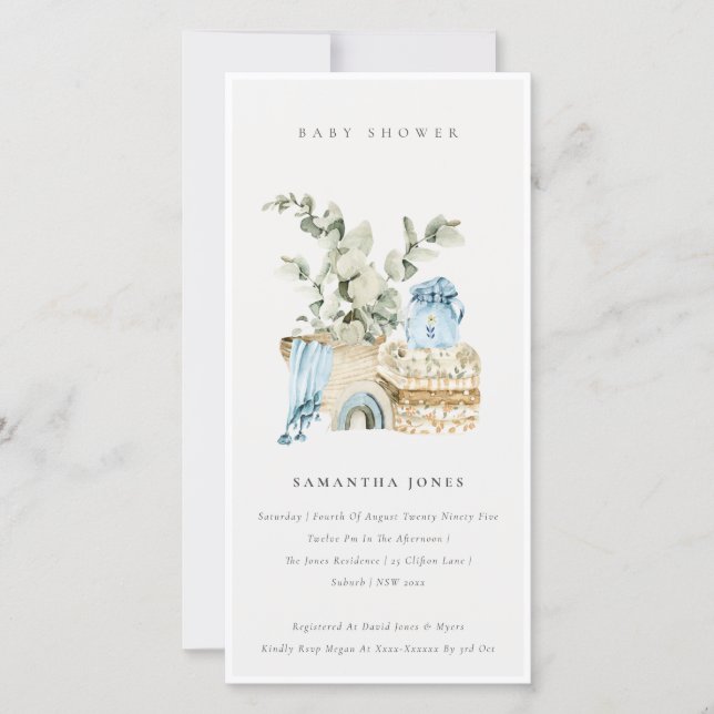 Boho Blue Kinderzimmer Foliage Boy Baby Showeinlad Dankeskarte (Vorderseite)