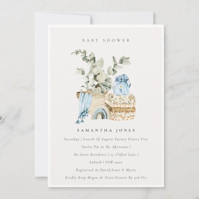 Boho Blue Kinderzimmer Foliage Boy Baby Showeinlad Dankeskarte (Vorderseite)