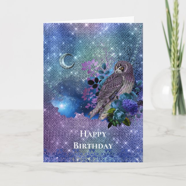 Boho Blue Lila Owl Moon Geburtstag Karte (Vorderseite)