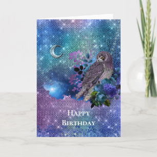Boho Blue Lila Owl Moon Geburtstag Karte