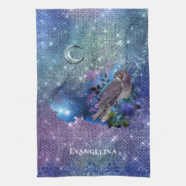 Boho Blue Lila Owl Moon Geschirrtuch