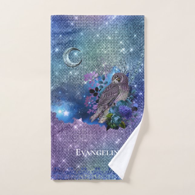Boho Blue Lila Owl Moon Handtuch (Handtuch)