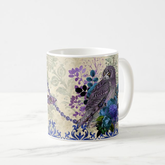Boho Blue Lila Owl Moon Kaffeetasse (VorderseiteRechts)