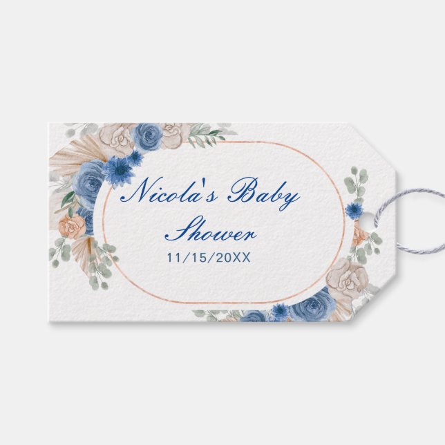 Boho Blue Pampas Grass Baby Dusche Geschenkanhänger (Vorderseite (Horizontal))