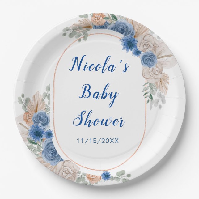 Boho Blue Pampas Grass Baby Dusche Pappteller (Vorderseite)