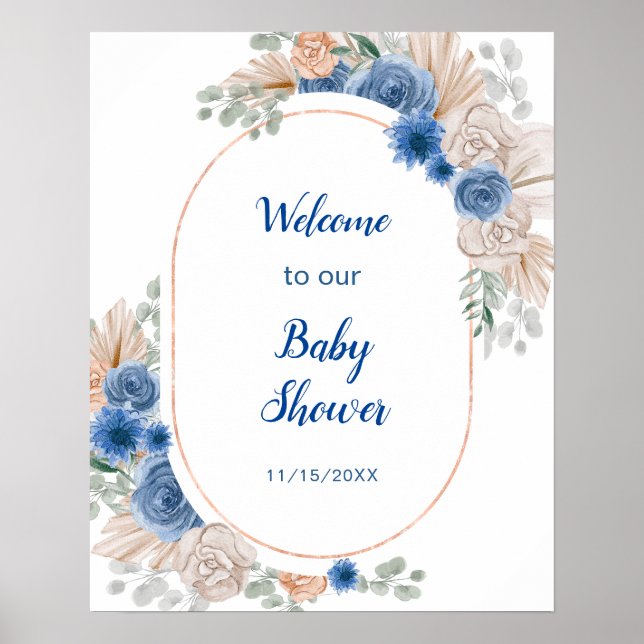 Boho Blue Pampas Grass Baby Dusche Poster (Vorne)