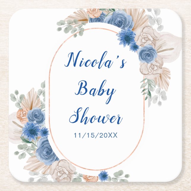 Boho Blue Pampas Grass Baby Shower Rechteckiger Pappuntersetzer (Vorderseite)