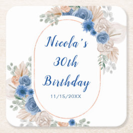 Boho Blue Pampas Grass Birthday Rechteckiger Pappuntersetzer