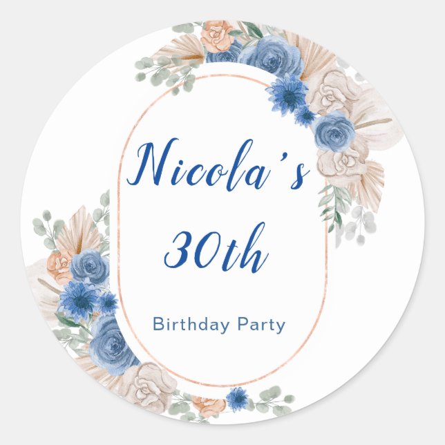 Boho Blue Pampas Grass Birthday Runder Aufkleber (Vorderseite)