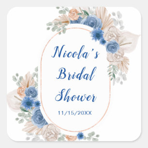 Boho Blue Pampas Grass Brautparty Quadratischer Aufkleber