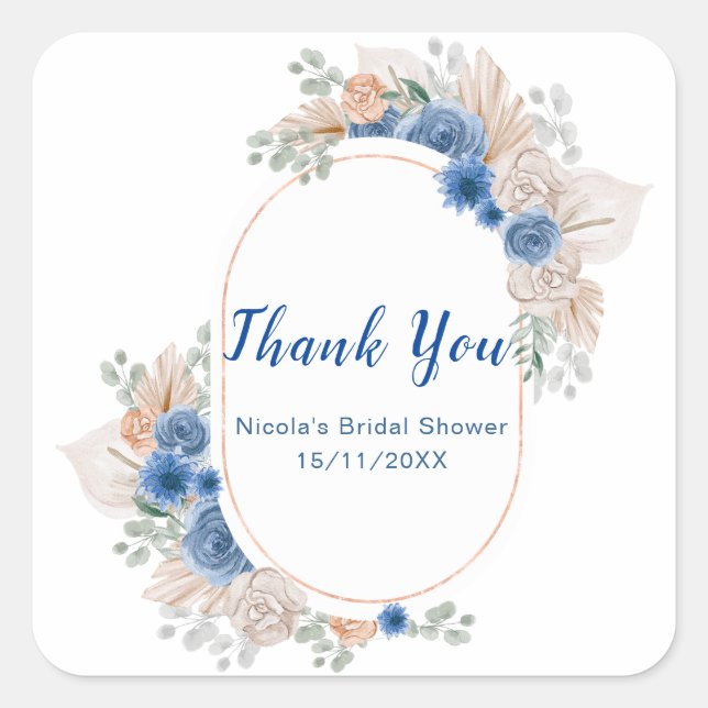 Boho Blue Pampas Grass Bridal Shower Quadratischer Aufkleber (Vorderseite)
