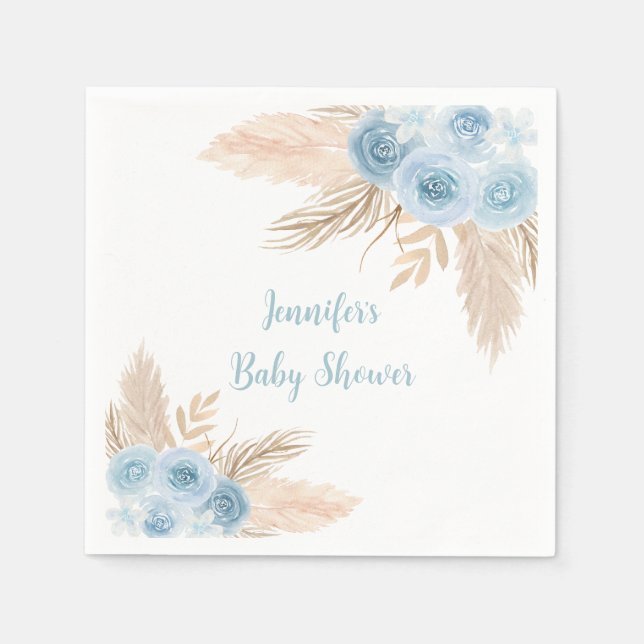 Boho Blue Pampas Grass Floral Baby Dusche Serviette (Vorderseite)
