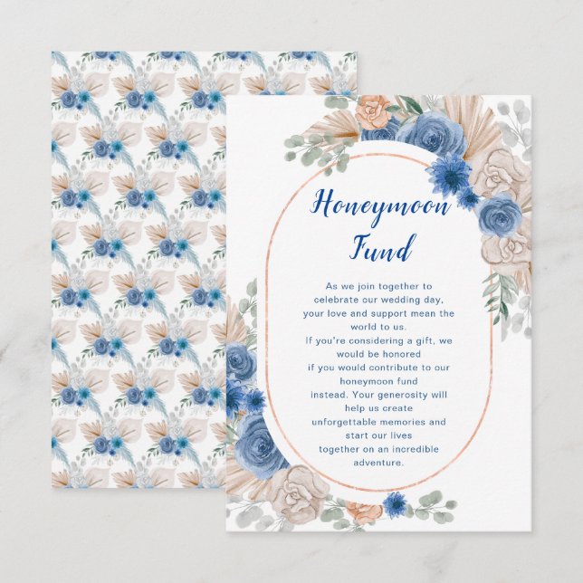 Boho Blue Pampas Grass Wedding Honeymoon Fund Begleitkarte (Vorne/Hinten)