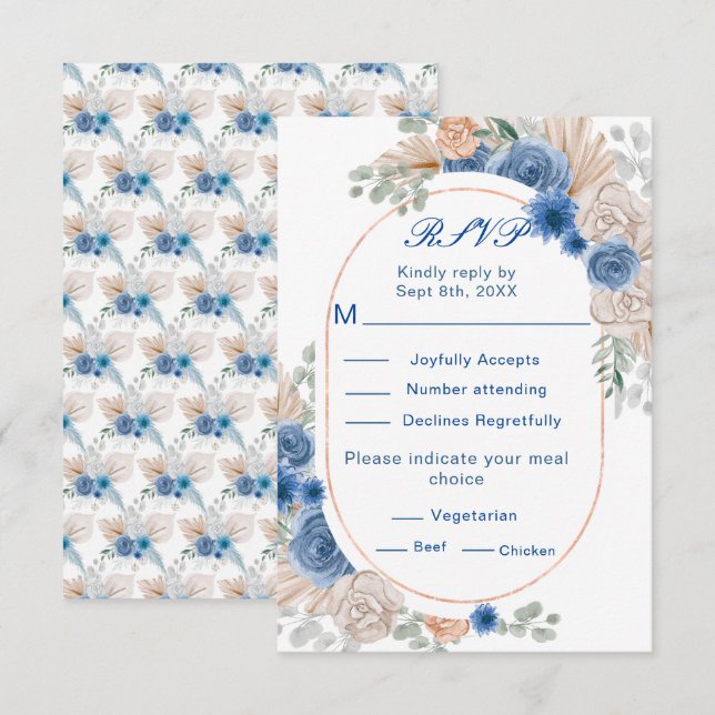 Boho Blue Pampas Grass Wedding RSVP Karte (Vorne/Hinten)