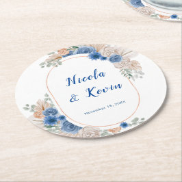 Boho Blue Pampas Grass Wedding Runder Pappuntersetzer