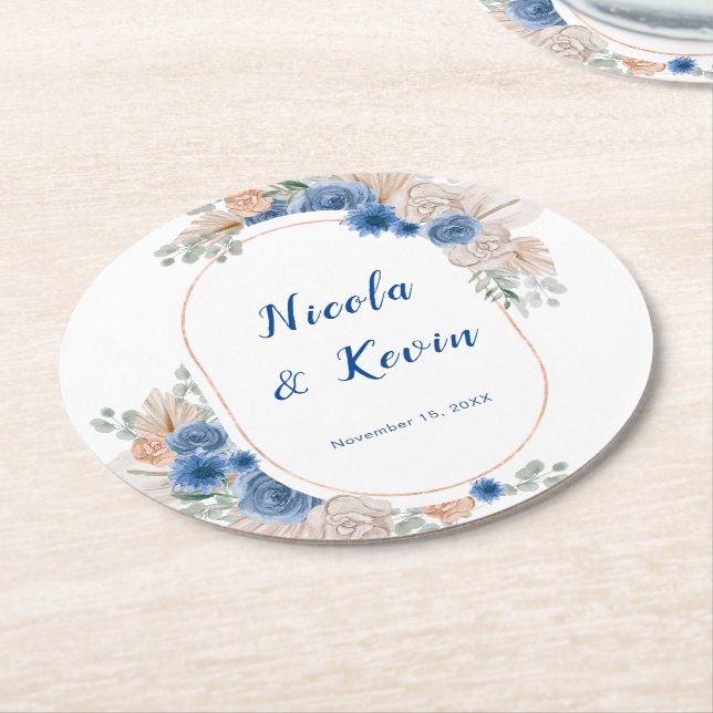 Boho Blue Pampas Grass Wedding Runder Pappuntersetzer (Angewinkelt)