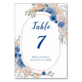 Boho Blue Pampas Grass Wedding Tischnummer