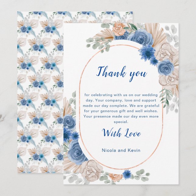 Boho Blue Pampas Grass Wedding Vielen Dank Dankeskarte (Vorne/Hinten)