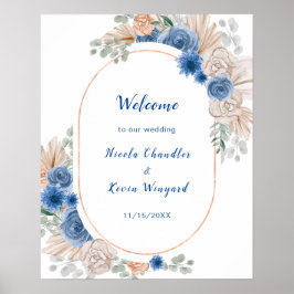 Boho Blue Pampas Grass Wedding Willkommen Poster