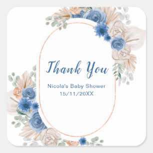 Boho Blue Pampasgras Baby Shower Quadratischer Aufkleber
