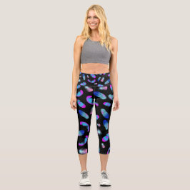 BOHO BLUE PINK FEATHER PATTERN CAPRI LEGGINGS