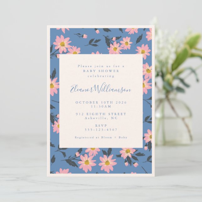 Boho Blue Pink Floral Baby Dusche Einladung (Stehend Vorderseite)