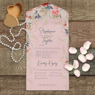 Boho Blue & Pink Floral Pink Abendessen All In One Einladung