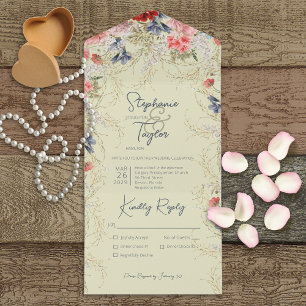 Boho Blue & Pink Floral Sage Green Dinner All In One Einladung