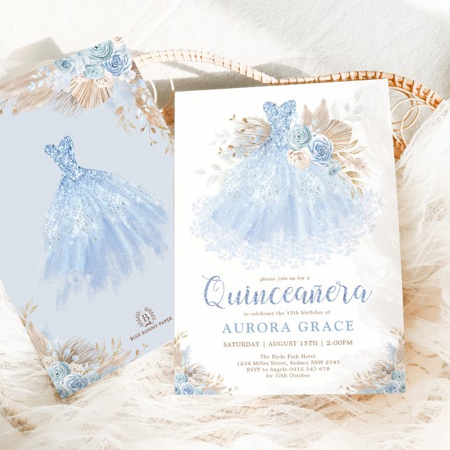 Boho Blue Quinceañera Princess Dress Birthday Einladung (Von Creator hochgeladen)