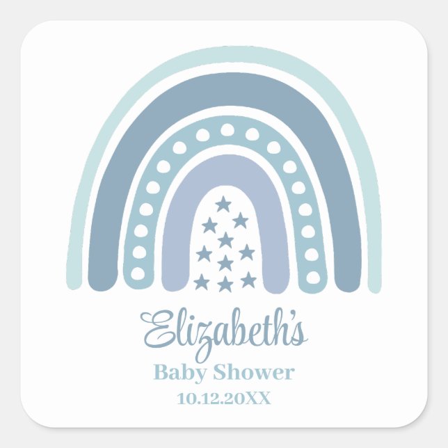 Boho Blue Rainbow Baby Dusche Quadratischer Aufkleber (Vorderseite)