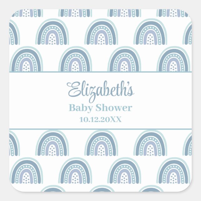 Boho Blue Rainbow Baby Dusche Quadratischer Aufkleber (Vorderseite)
