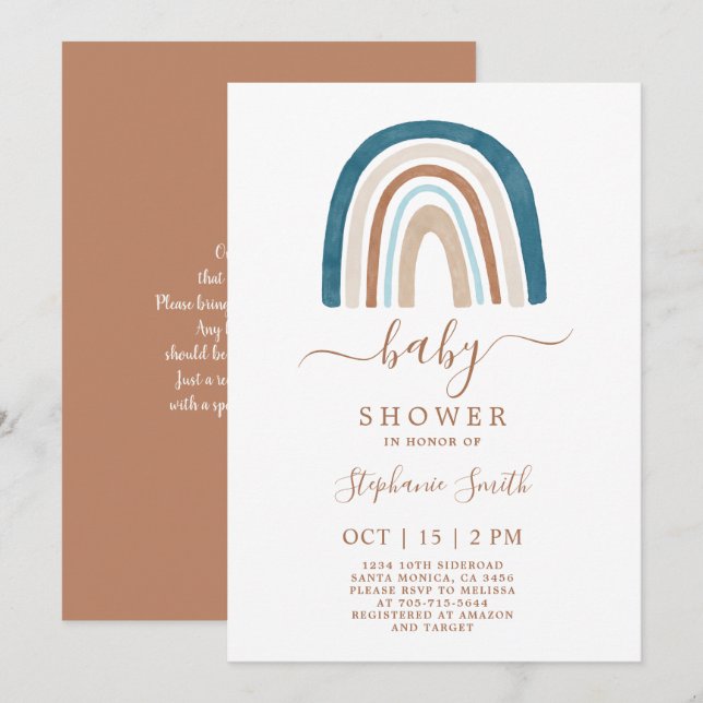 Boho Blue Rainbow Baby shower Invitation garçon (Devant / Derrière)