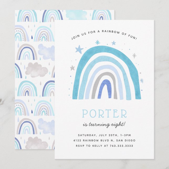 Boho Blue Rainbow Kindergeburtstag Party Einladung (Vorne/Hinten)