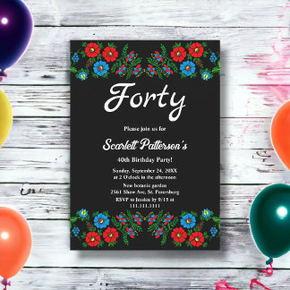 Boho Blue Rote Rosen Romantic Floral 40. Geburtsta Einladung