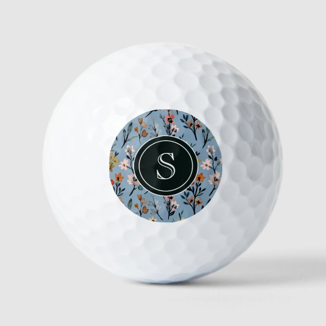 Boho Blue Soft Watercolor Mit Monogramm Golfball (Vorderseite)